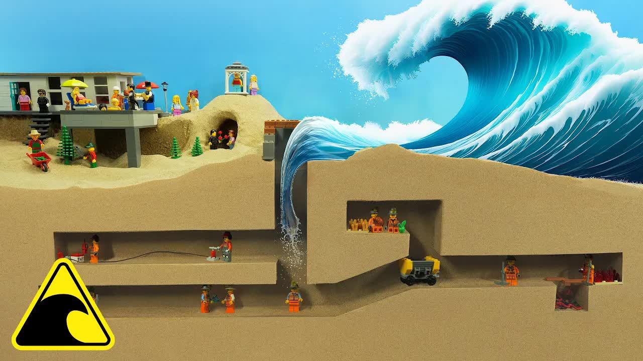 Затопленная алмазная шахта под LEGO-особняком — эксперимент с цунами и прорывом дамбы