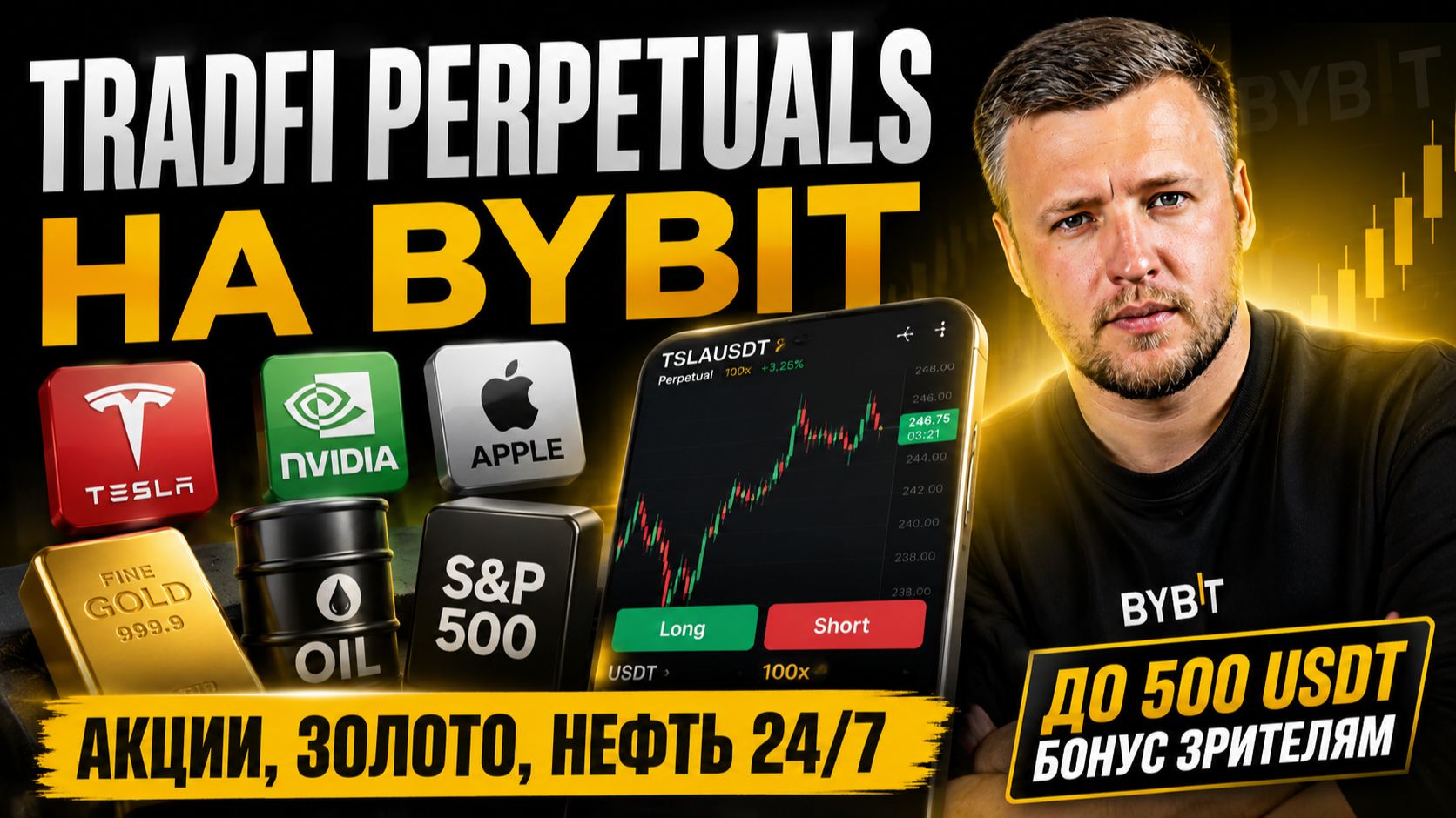 Bybit TradFi Perpetuals Tesla NVIDIA золото 24:7  Как торговать акциями с плечом