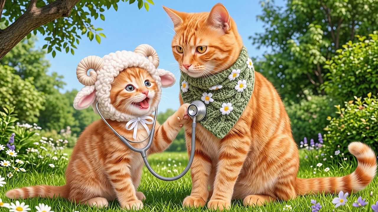 О маме-кошке заботится котенок Рыжий мечтающий стать врачом!
