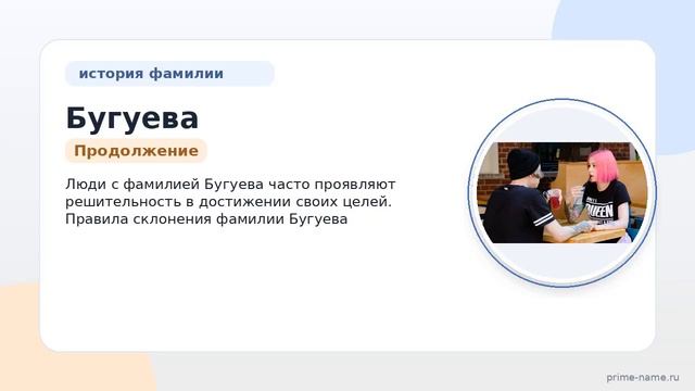 Фамилия Бугуева: происхождение значение и склонение