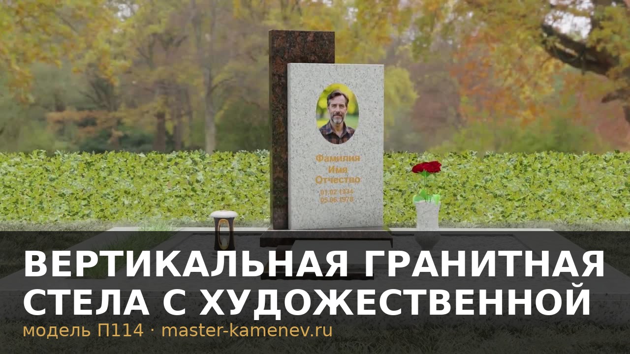 Вертикальная гранитная стела с художественной  П114