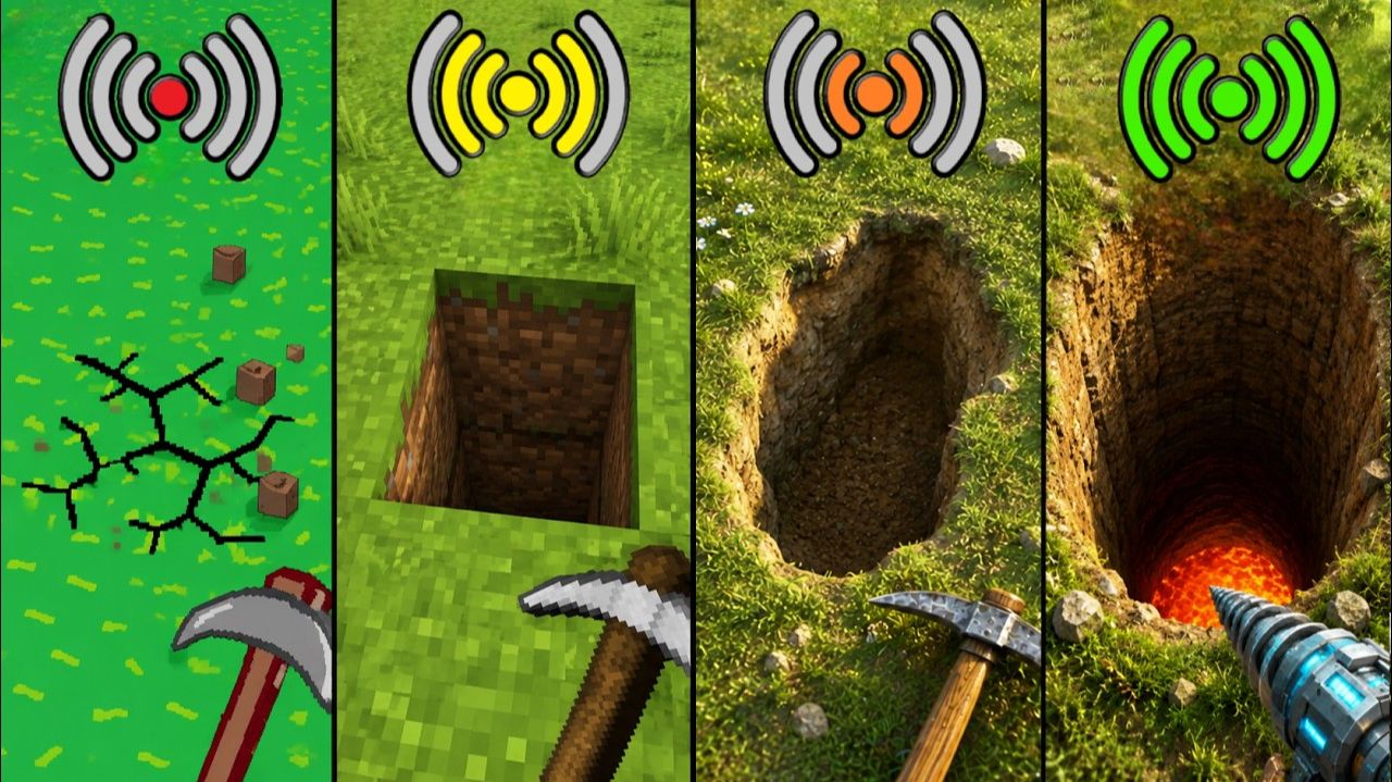 Эксперимент: копаем строго вниз с разным Wi-Fi в Minecraft полностью новый формат
