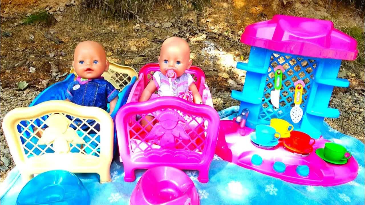 Baby Born twins playing with toy kitchen