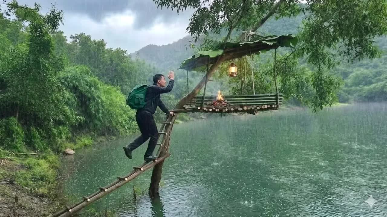 Строим крошечный домик на дереве под сильным дождём  Одиночная ночная рыбалка и выживание