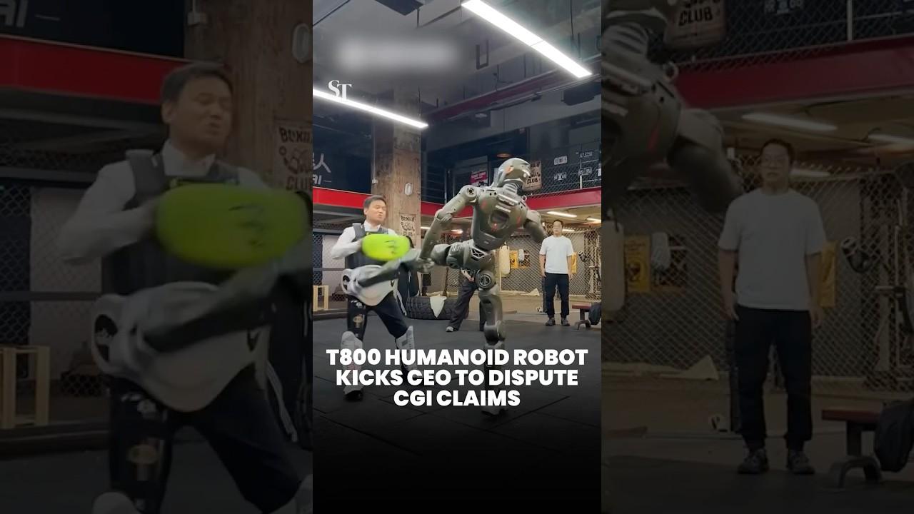 T800 humanoid robot kicks its own CEO to dispute CGI claims