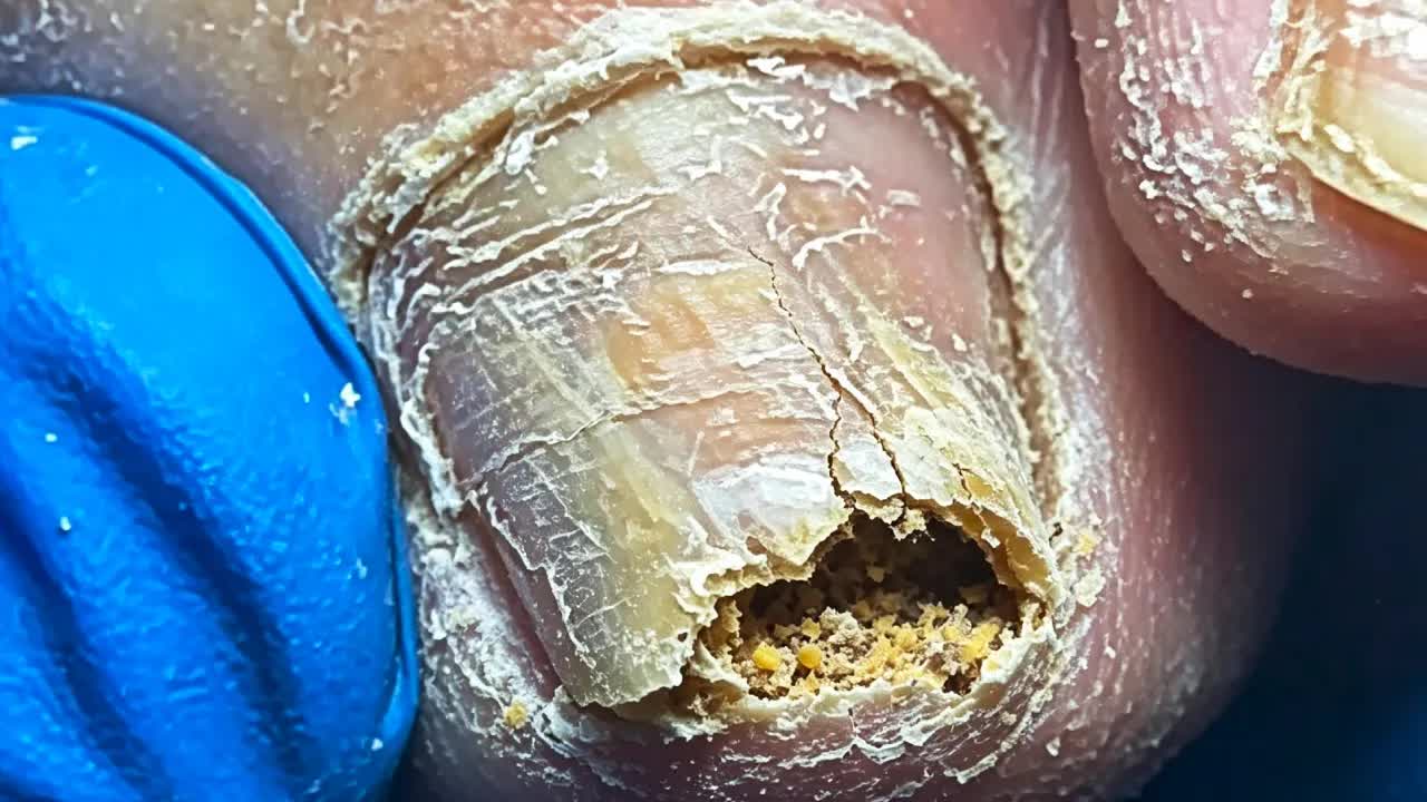 Жёлтый грибок в середине очень толстых ногтей. Выковыриваем его