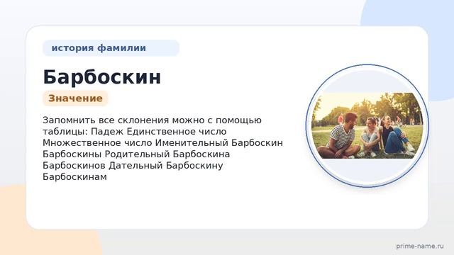 Фамилия Барбоскин: происхождение, значение и склонение