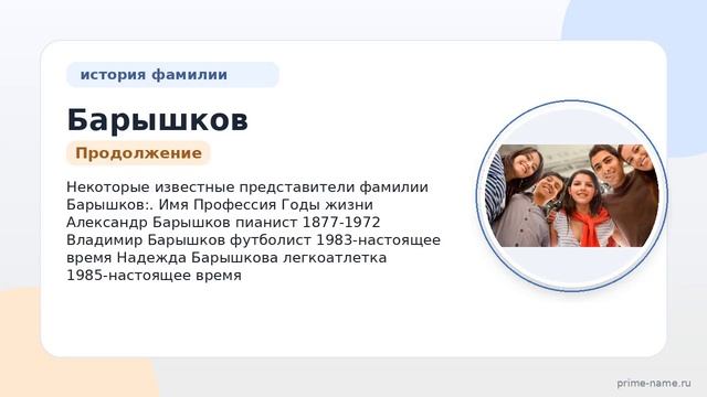 Фамилия Барышков: происхождение значение и склонение