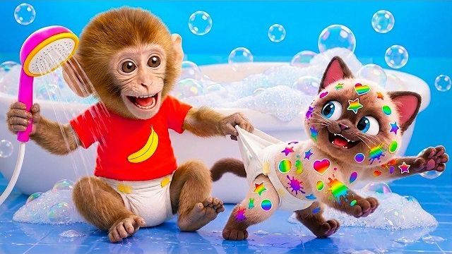 Малышка-обезьянка купается в ванне и ест фрукты с котенком у бассейна  Песня о ванне
