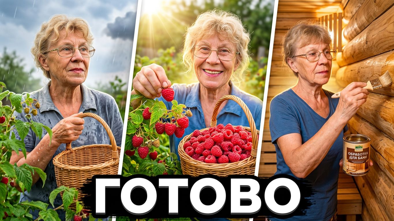 Погода изменилась, собираю малину, обрабатываю баню