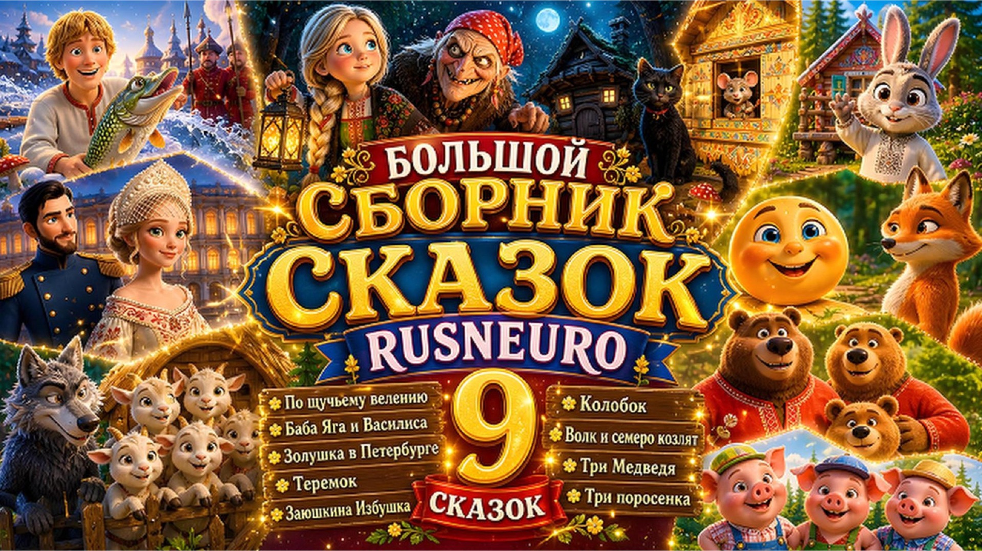 Большой сборник сказок для детей 🌟  Любимые мультфильмы: Теремок, Емеля, Колобок | RUSNEURO