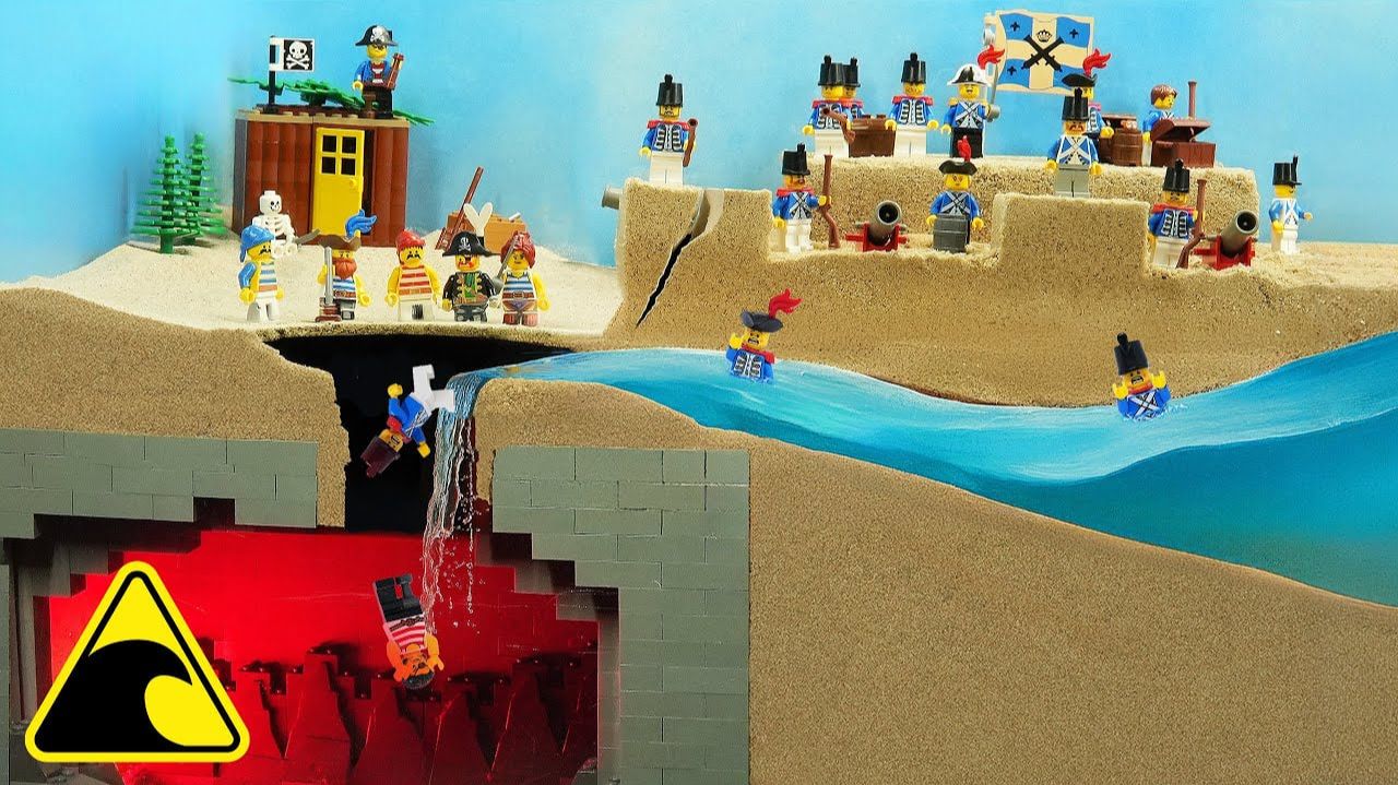 🍿 Пираты из Lego падают в подземную пещеру - Эксперимент по прорыву плотины из-за цунами