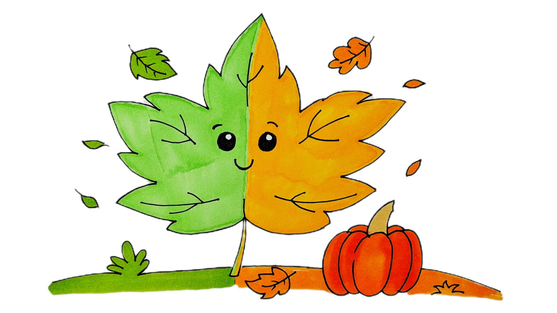 Как нарисовать ОСЕННИЙ ЛИСТОК и ТЫКВУ 🍁🎃 | Простой рисунок на тему Осень в школу