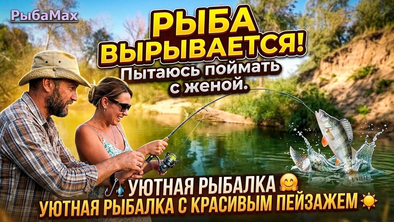 Рыба вырывается, но пытаюсь поймать. Уютная рыбалка с красивым пейзажем