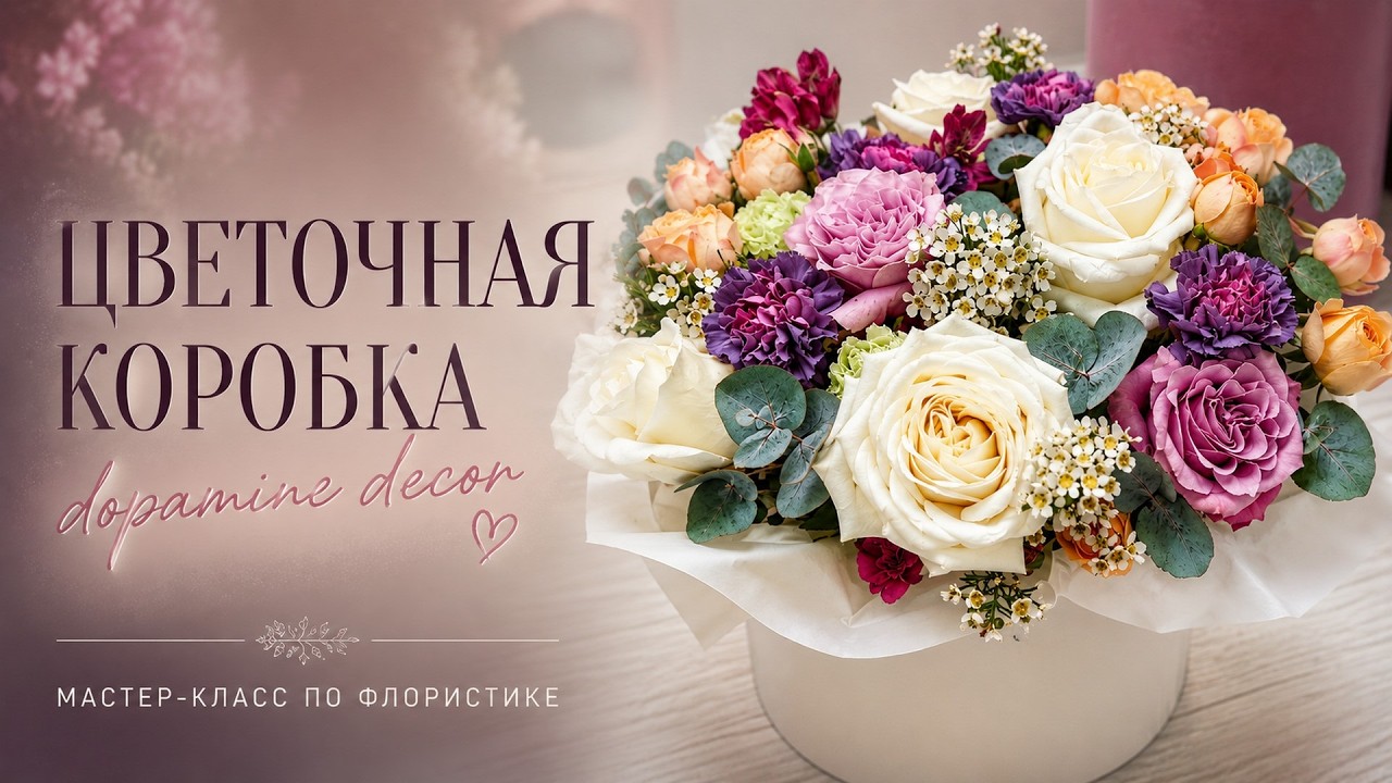 Розы в шляпной коробке   Мастер класс - Дофаминовый букет цветов для Радости