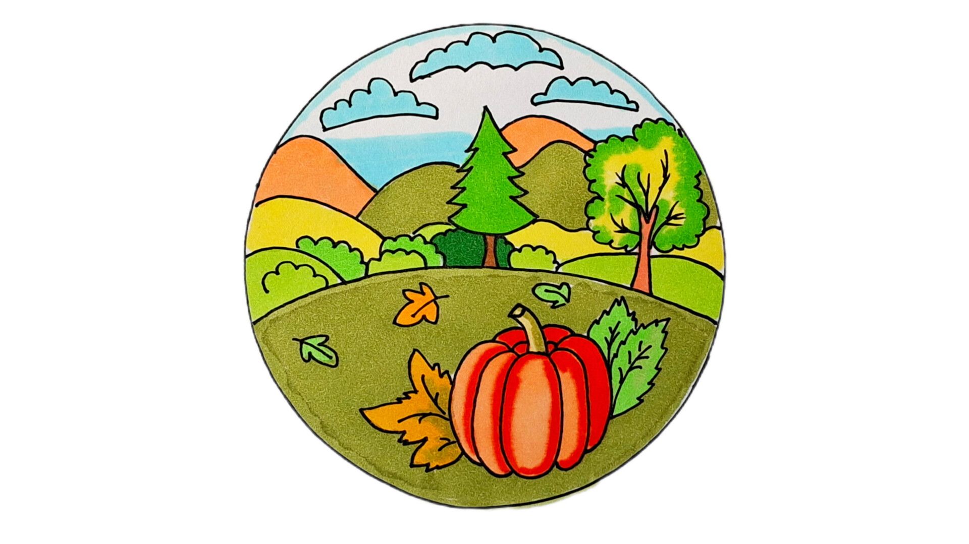Как нарисовать ОСЕННИЙ ПЕЙЗАЖ с тыквой 🍁🎃 | Простой рисунок в круге на тему Осень