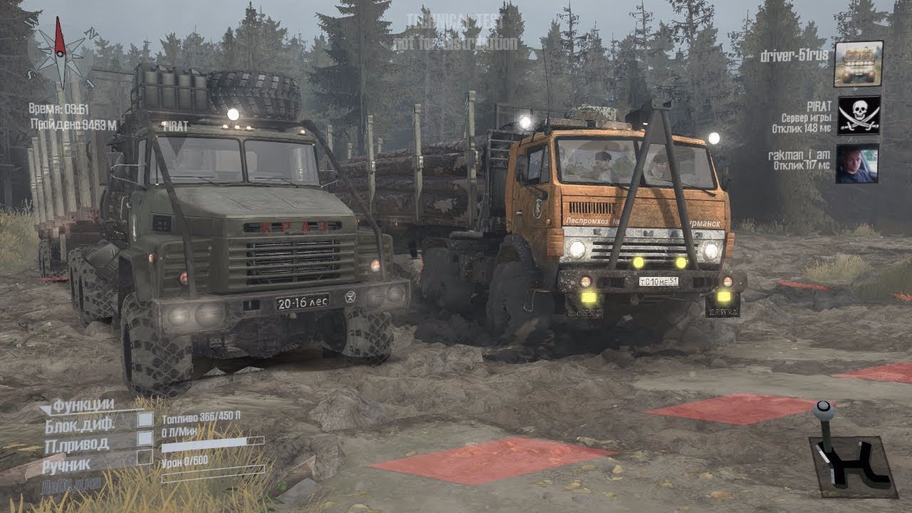 Spintires: MudRunner Technical Test Multiplayer с модами Камаз43101-Краз 260 Карта Широкая река