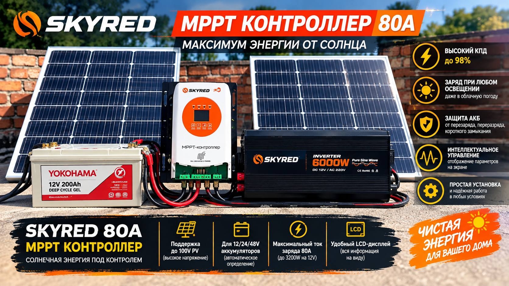 MPPT контроллер Skyred 80A пожключение к солнечным панелям и инвертор Skyred 6000W..