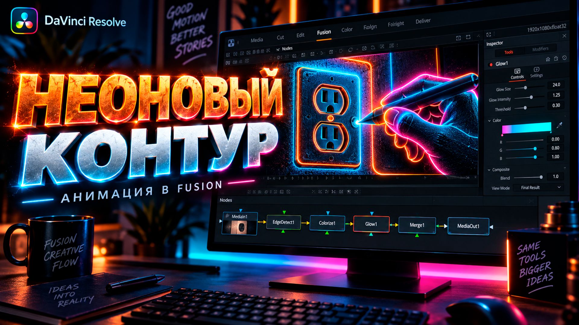 Анимация неонового контура в DaVinci Resolve 19 за 6 минут | Пошаговый урок во Fusion