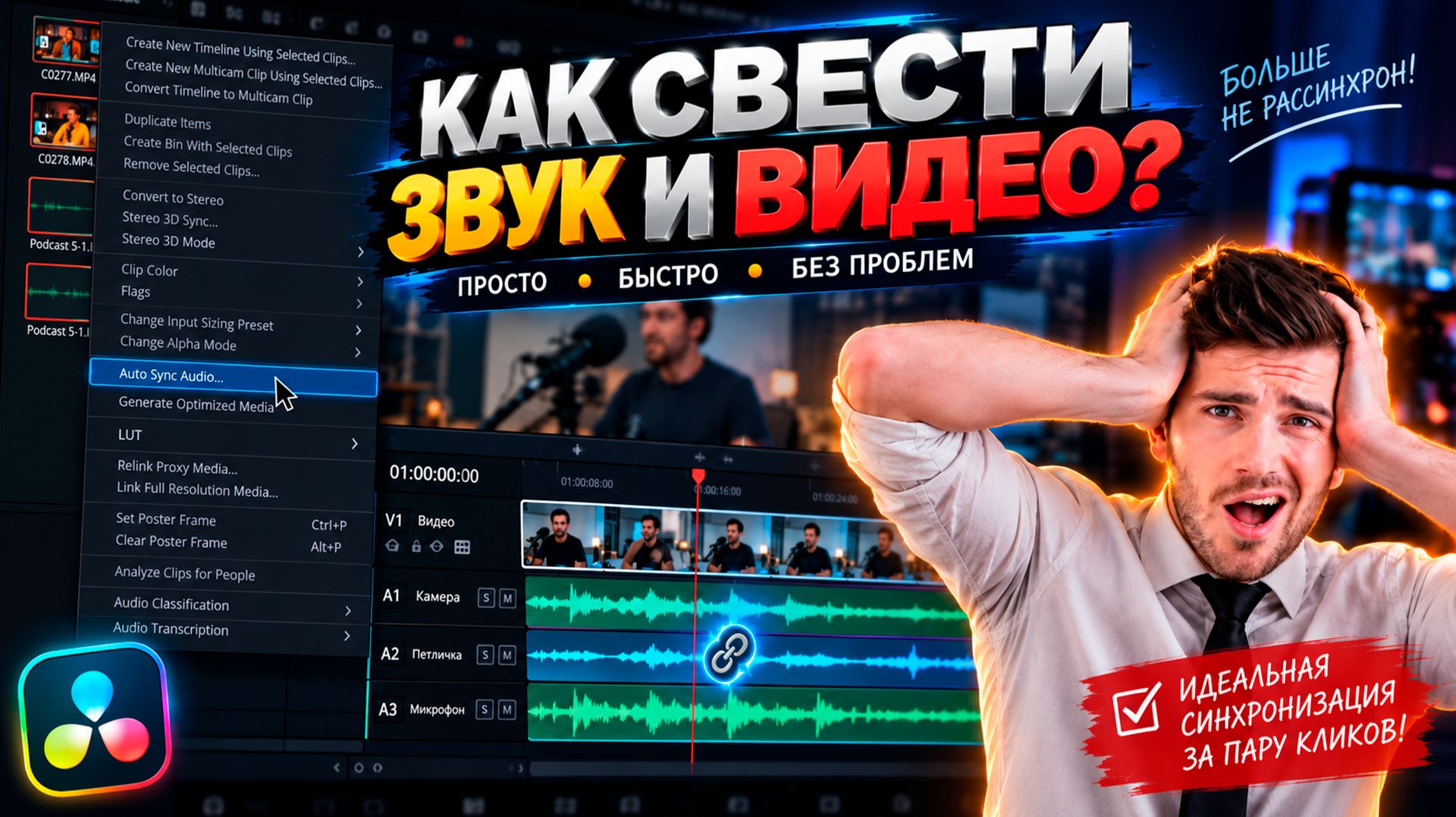 Как синхронизировать звук и видео в DaVinci Resolve? | Автоматическая синхронизация звука!