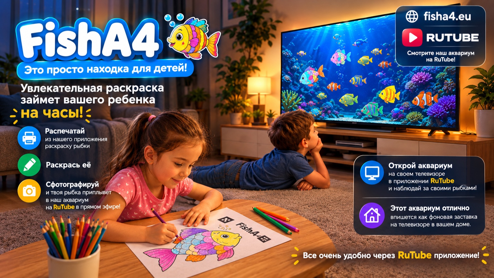 Аквариум A4 раскраска рыбок fisha4  ФИША - наведи камеру на QR и получи раскраски fisha4.eu