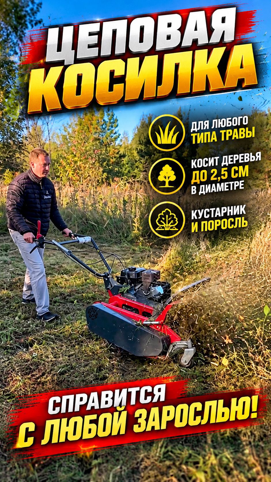 О такой только мечтали! Косилка которая косит все подряд! косилка мульчер цеповаяроторная обзор