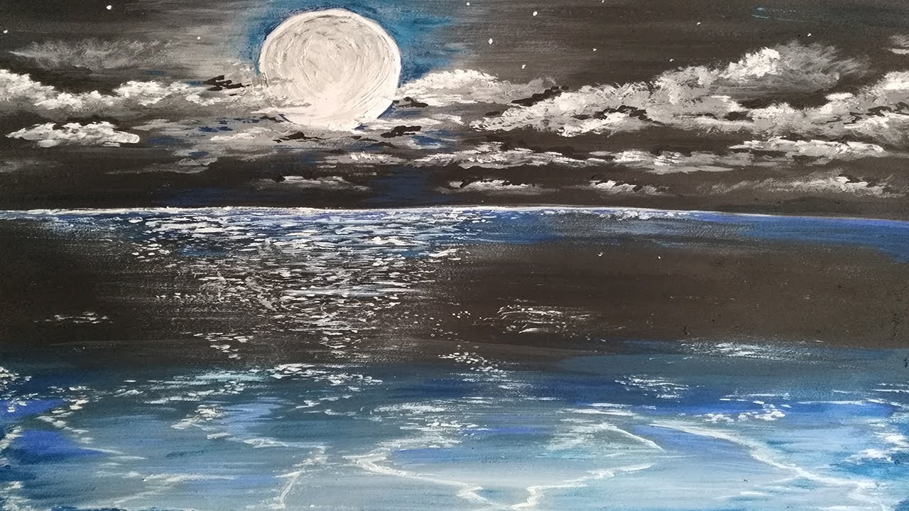Beautiful moonlight sky landscape step by step  Красивый пейзаж лунного неба шаг за шагом