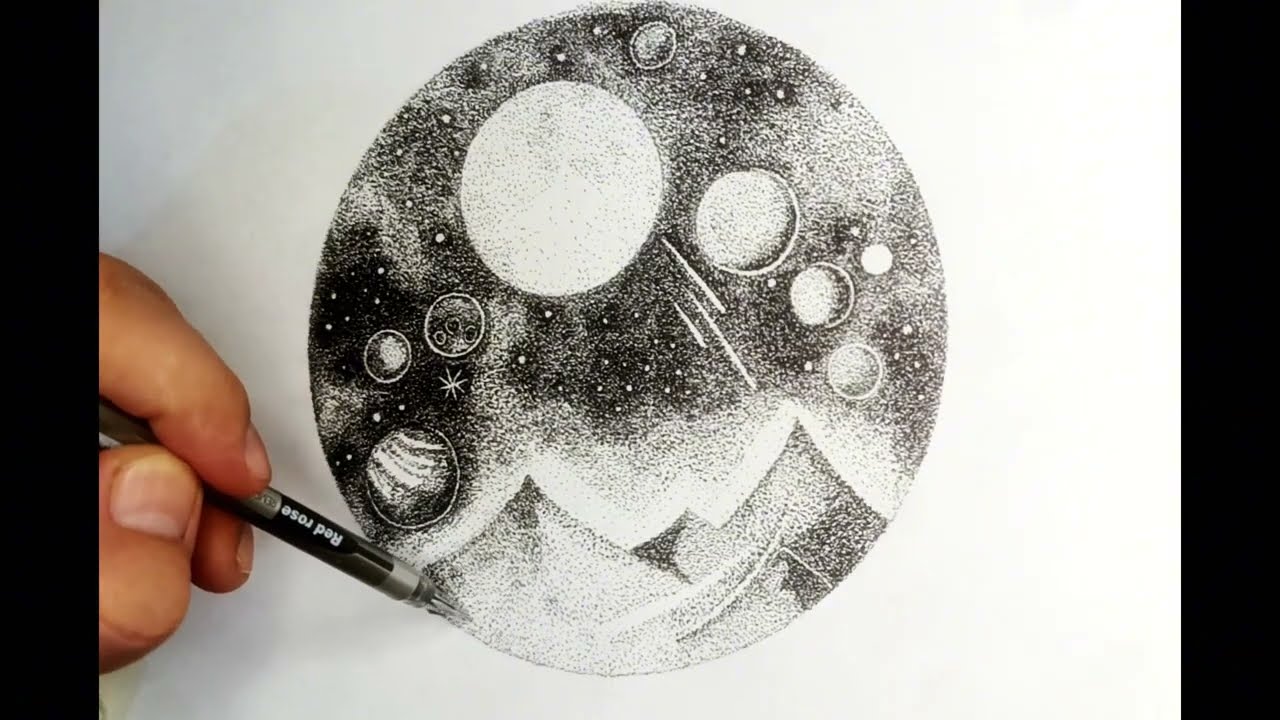 Что скрывается за пределами звёзд? Рисую чёрной ручкой.What lies beyond the stars?I draw with a pen.