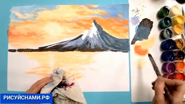 Как нарисовать пейзаж Весна у подножия Фудзи