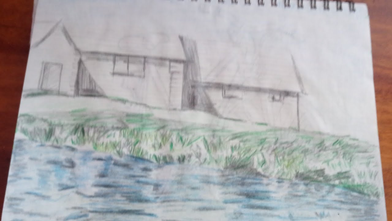 Нарисовать Домик в Деревне у воды, на Озере / Нарисовать Загородный домик / Скетчи /Загородный домик