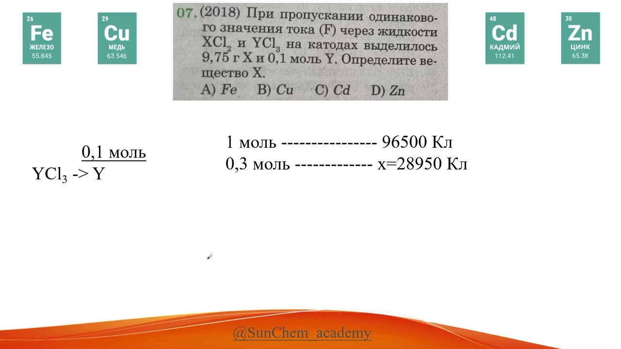 При пропускании одинакового значения тока F через жидкости XCl2 и YCl3 на катодах выделилось 975