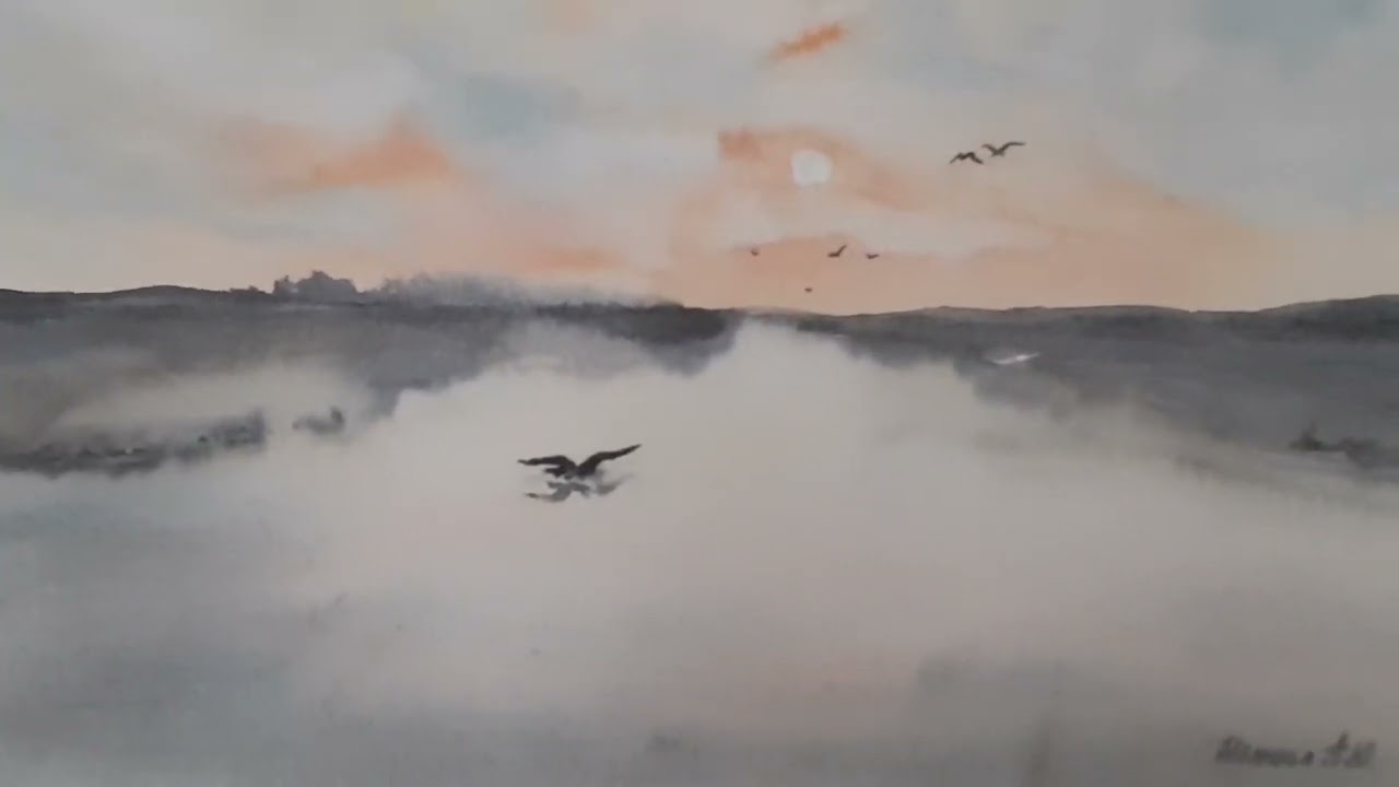 Картина акварелью птицы над водой пейзаж birds above the water in watercolor  landscape