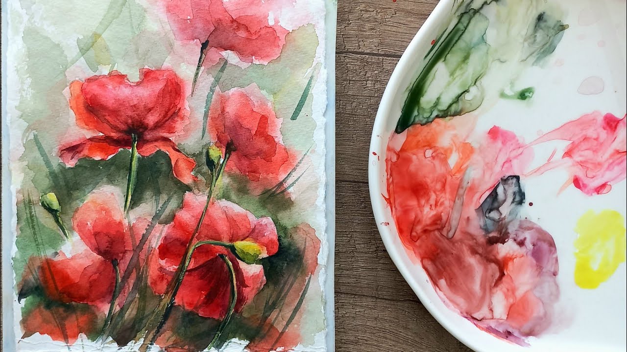 Рисуем маковое поле акварелью. Мастер-класс по акварели. Watercolor painting tutorial.