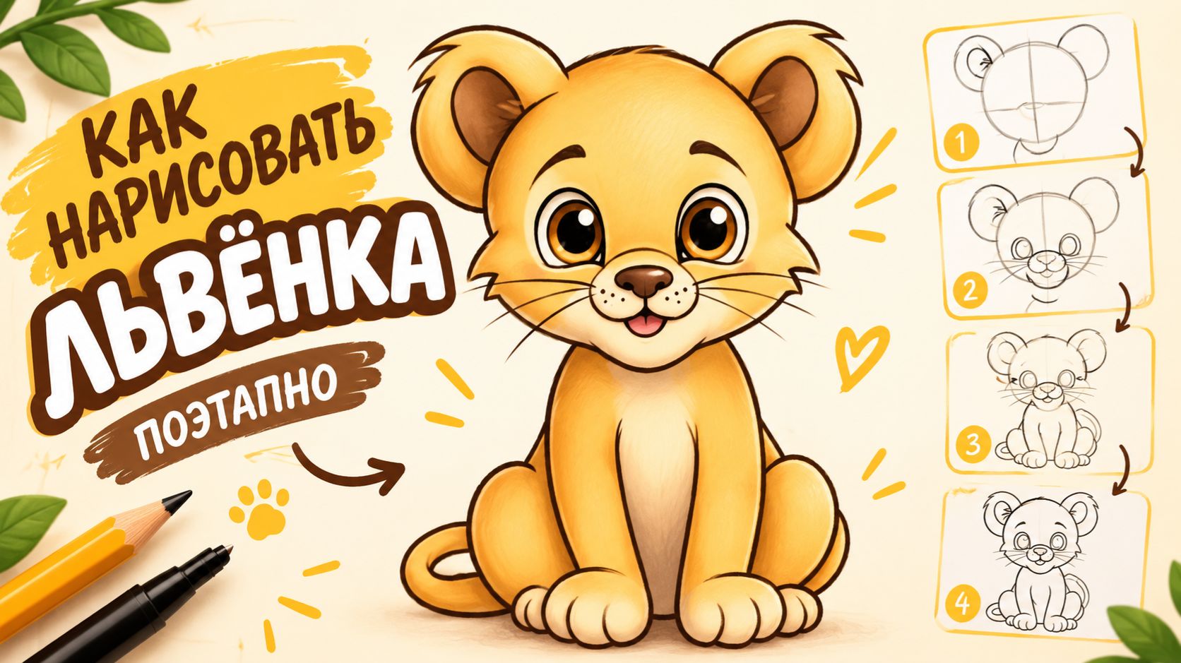 Рисуем львёнка карандашом  Пошаговый урок для начинающих