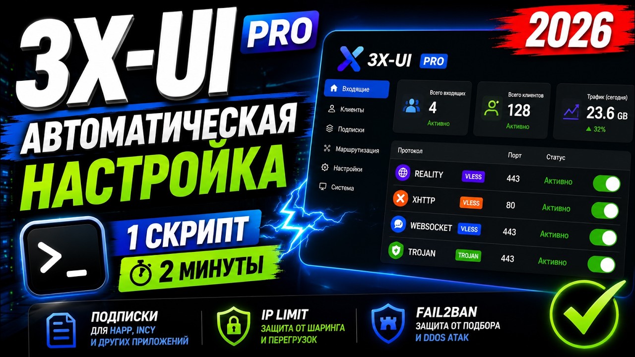 3X-UI PRO 2026  4 ПРОТОКОЛА ПОДПИСКИ И IP LIMIT ЗА 2 МИНУТЫ