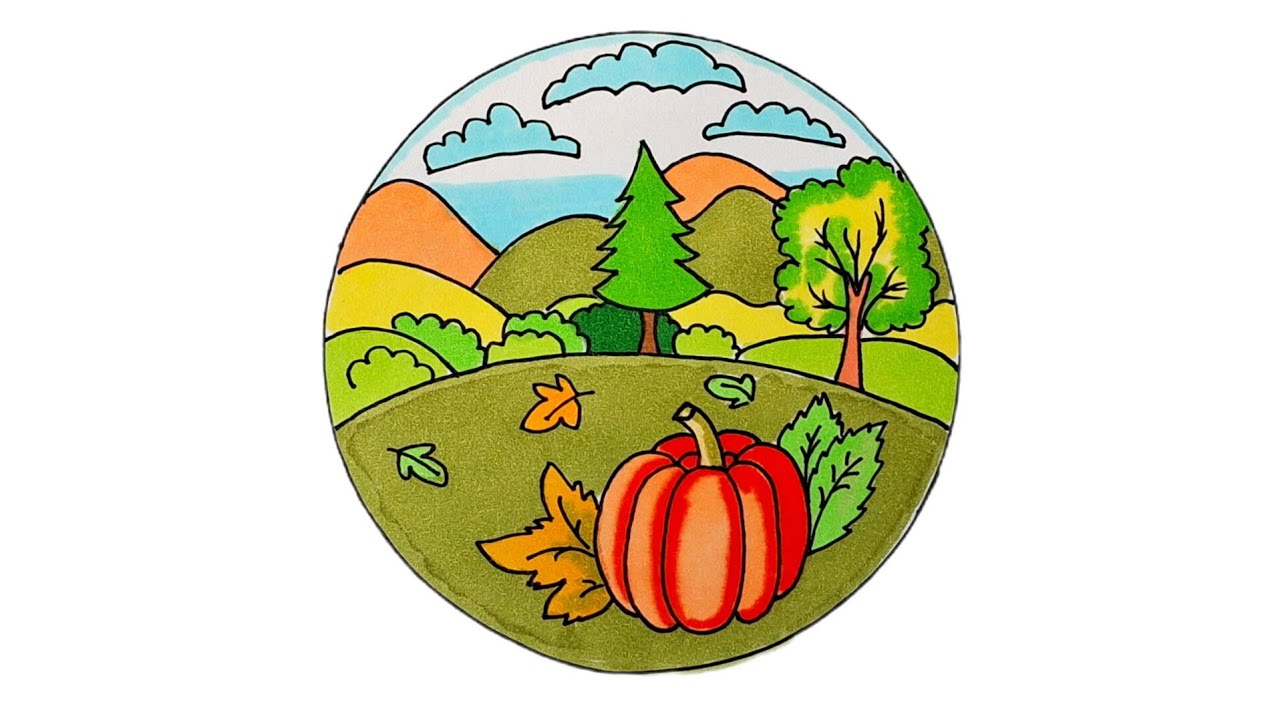 Как нарисовать ОСЕННИЙ ПЕЙЗАЖ с тыквой 🍁🎃 | Простой рисунок в круге на тему Осень