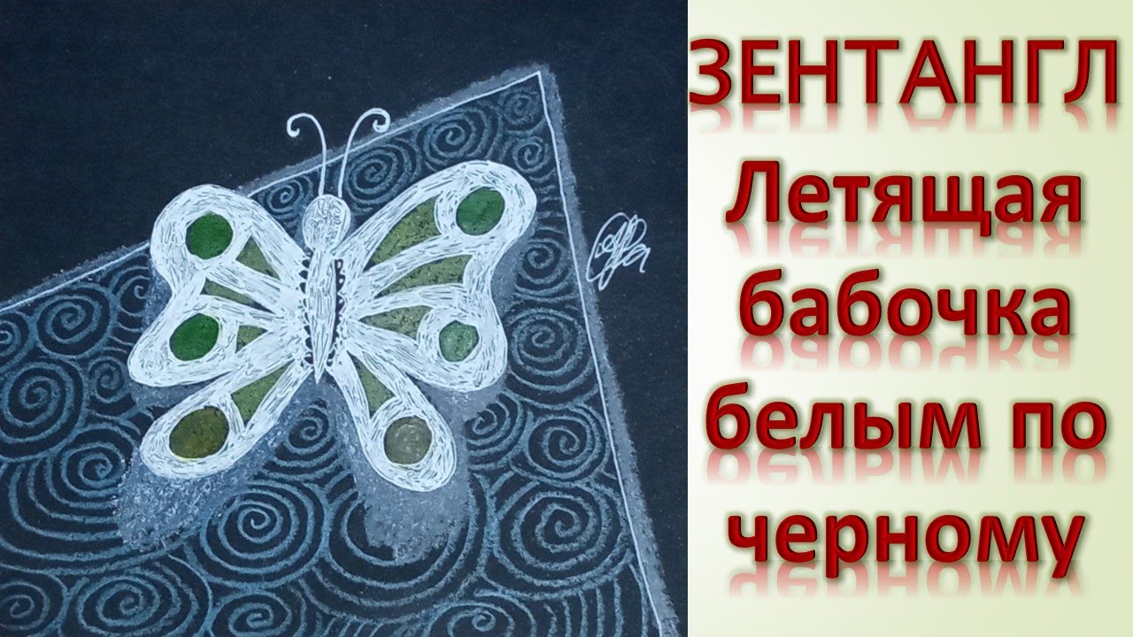 Зентангл Летящая бабочка белым по черному