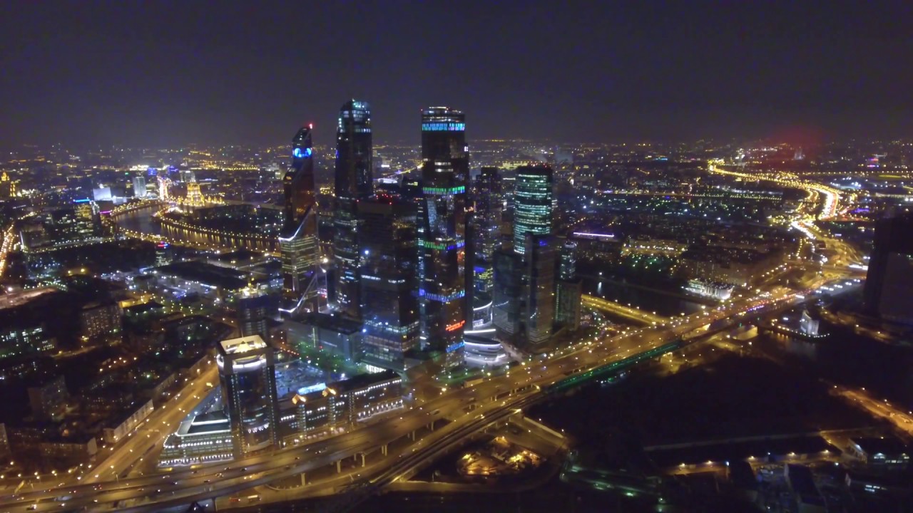 Москва Сити аэросъёмка ночью. 4K