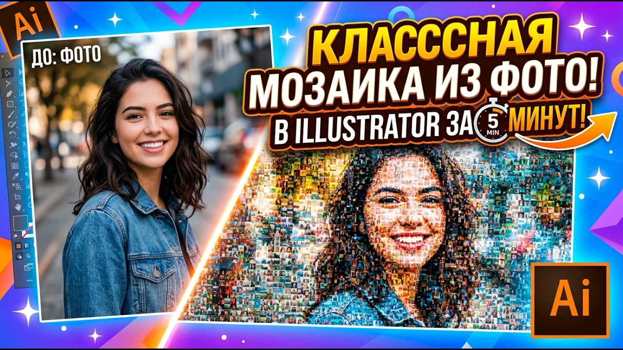 Как сделать КЛАССНУЮ мозаику из фото в Illustrator за 5 минут!  Эффект мозаики