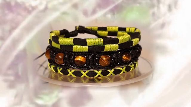 Авторские браслеты. Сет из трех браслетов. Натуральная кожа, натуральные камни