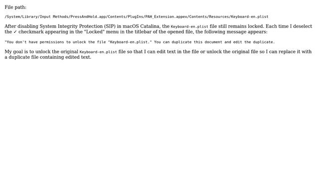 Apple: On A MacBook With MacOS Catalina, How Do I Unlock The Keyboard-en.plist File?