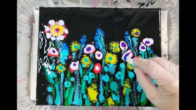 Dream Garden/Fluid Acrylic Painting/flower Garden Painting/black Base/Rainbow Canvas #49