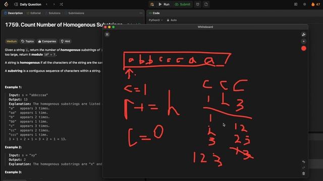 LeetCode 1759  Count Number Of Homogenous Substrings - Python (на русском)