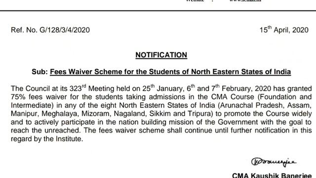 Fees Waiver Scheme by the INSTITUTE | Great Initiative | ICMAI | CMA Foundation | CMA Intermediate