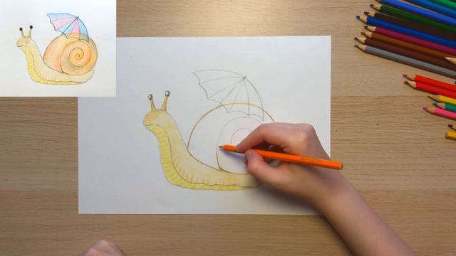 Улитка цветными карандашами: урок рисования для детей: