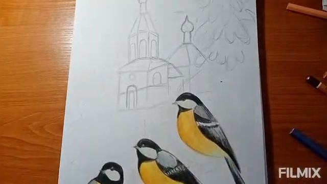 Красивый зимний пейзаж цветными карандашами.