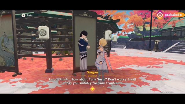 Genshin Impact 2.6 - Inazuma World Quests: Lofty Gourmet, Talk To Saigou (Give Tuna Sushi)