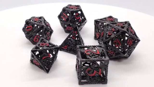 Old School 7 Piece DnD RPG Metal Dice Set: Hollow Dragon Dice - Black W/ Orange