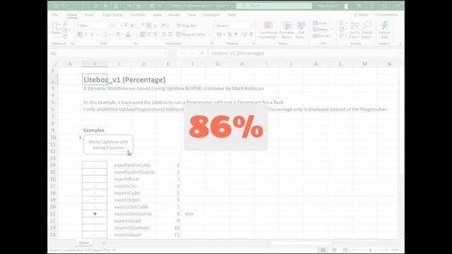 Dynamic WebBrowser-based Easing Percentage Lightbox HTML Container  for Excel & Access 2016