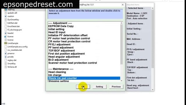 Epson Ped Reset L1210L1250L3210L3250L3251L3256L3260 Adjustment Program Atık Ped Sıfırlama